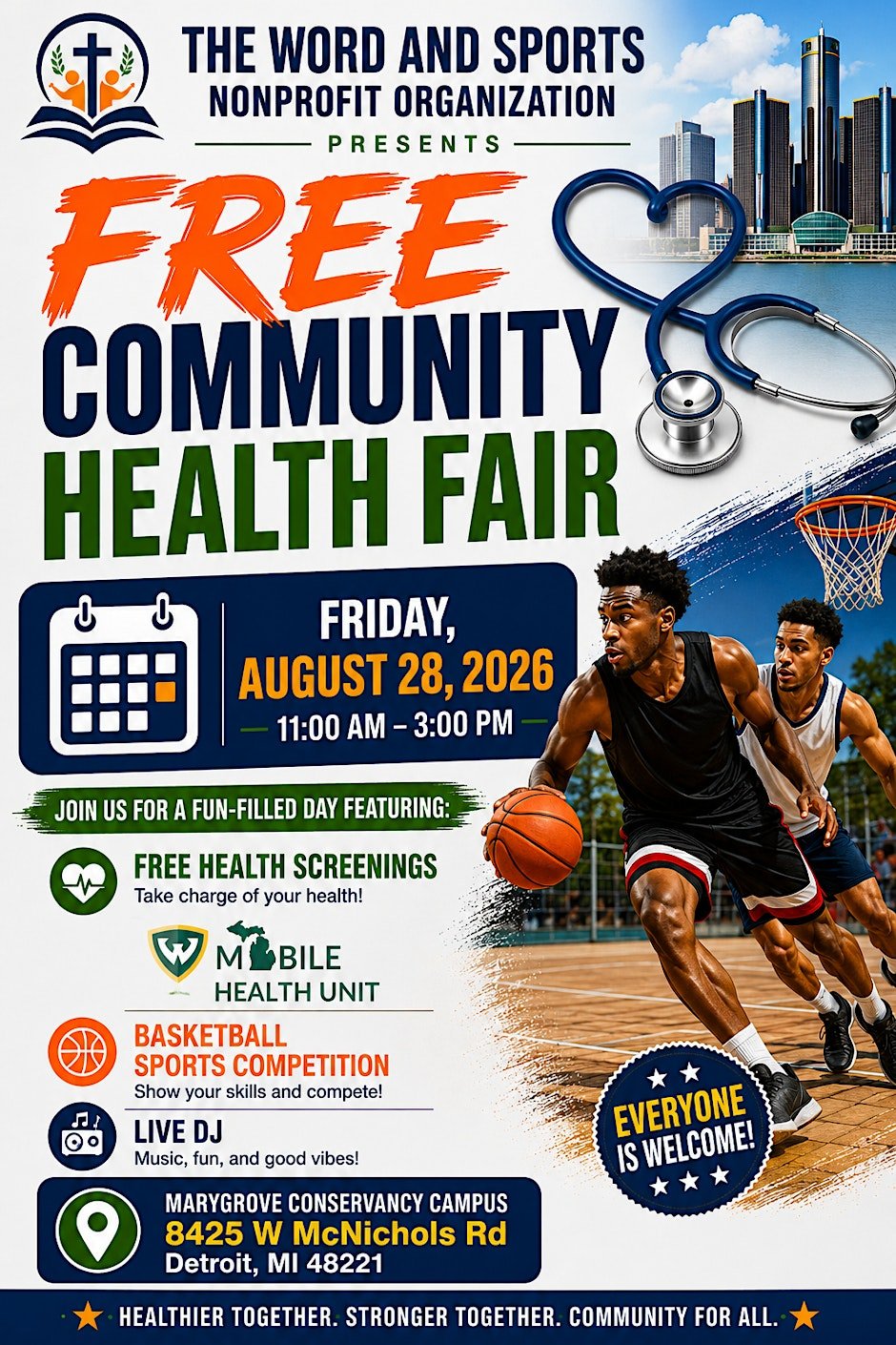 Free Health fair, Message of Hope for the Community, Basketball sports comp